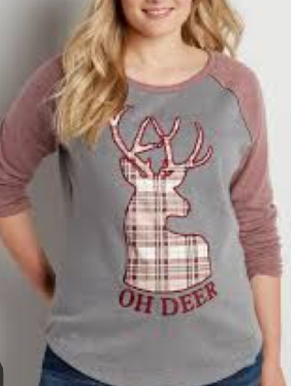 Maurices Cozy Gray/Mauve Pullover, Plaid Deer Stiched Detail, Size S